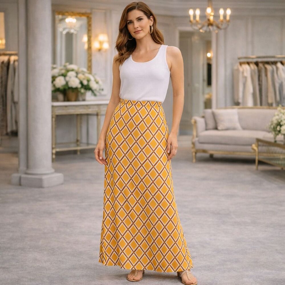 FAITHFULL THE BRAND Yellow Geometric Maxi Skirt 100% Rayon Women Size 4 SMALL